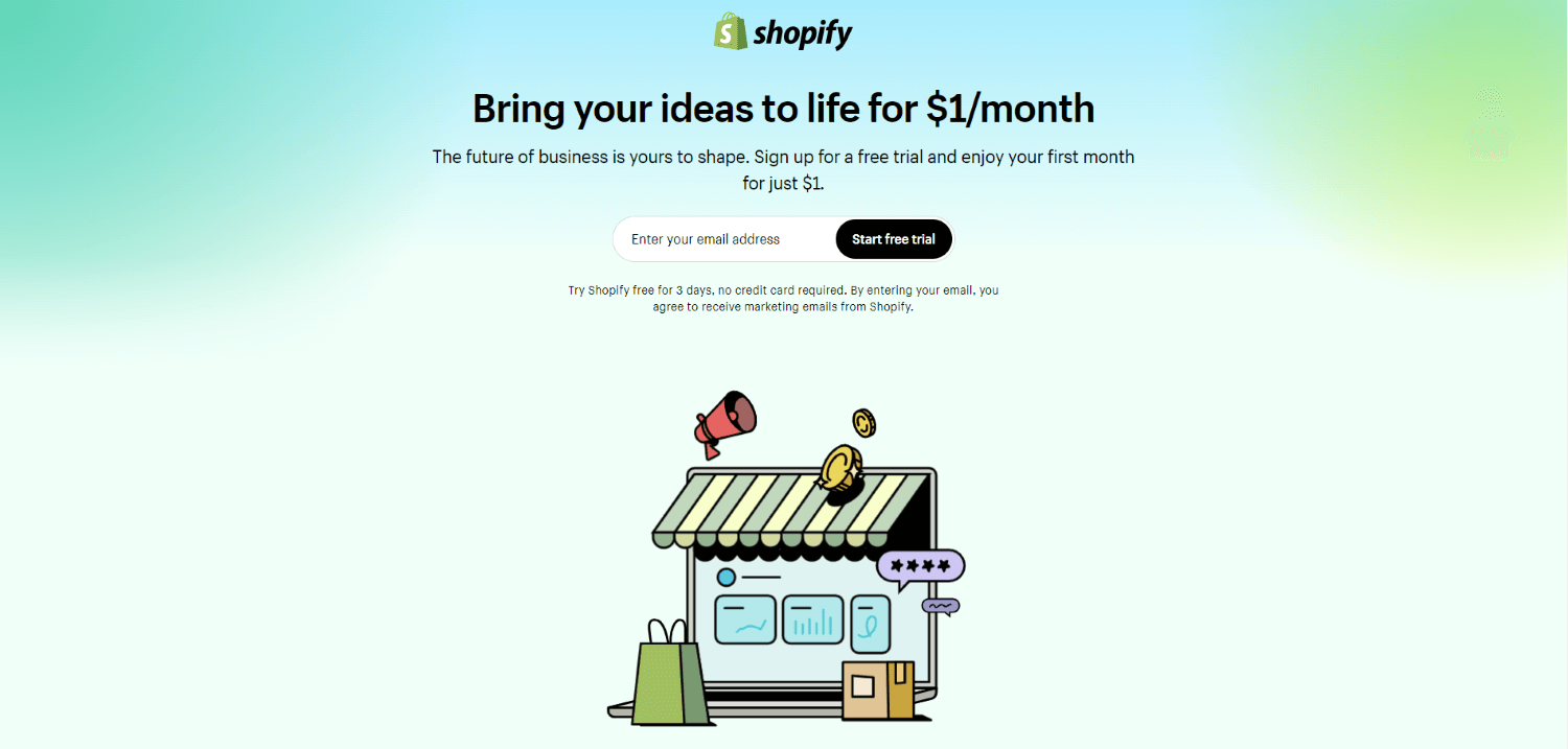 A screenshot of the Shopify home page.