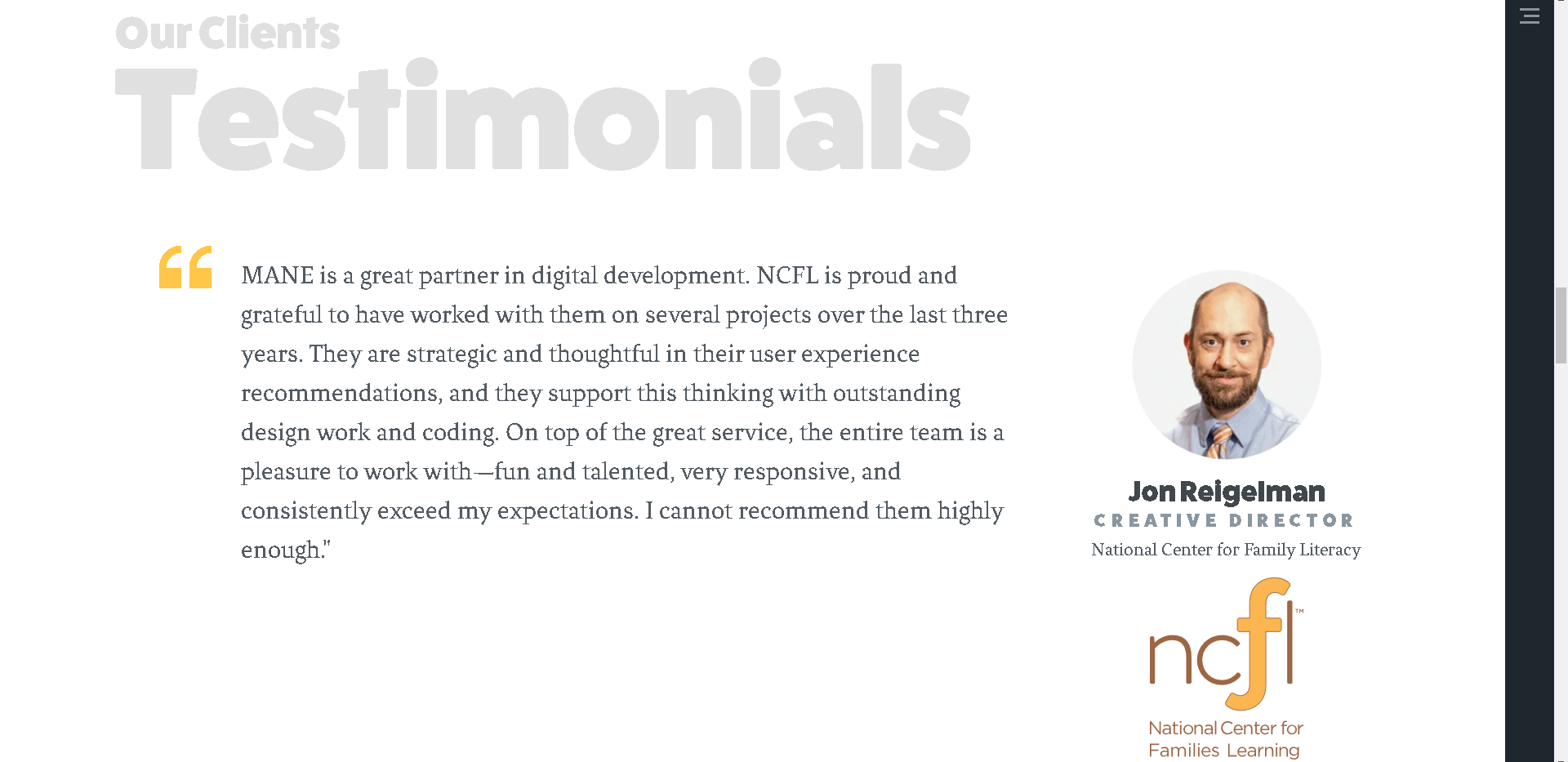 An example of a customer testimonial from our site
