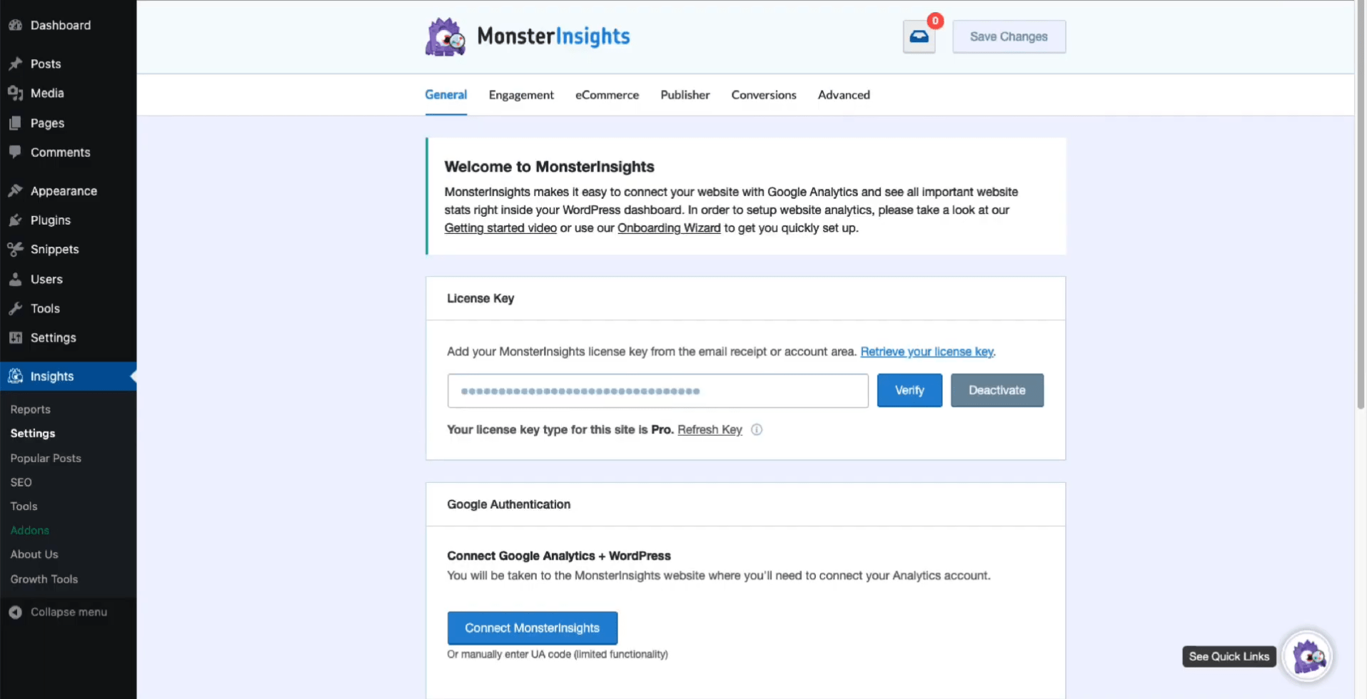 Navigate to the Insights section in the WordPress Admin dashboard.