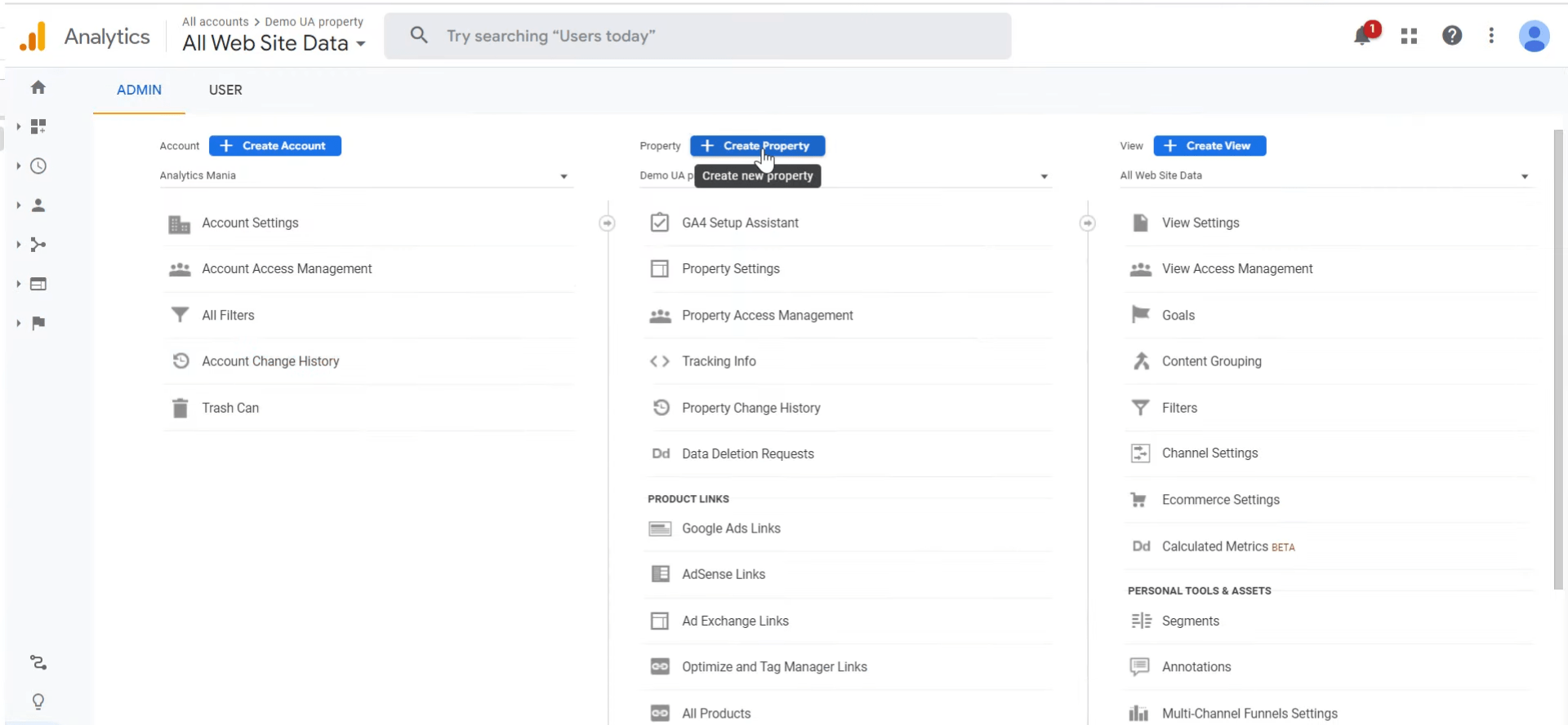 Creating a new property in Google Analytics.